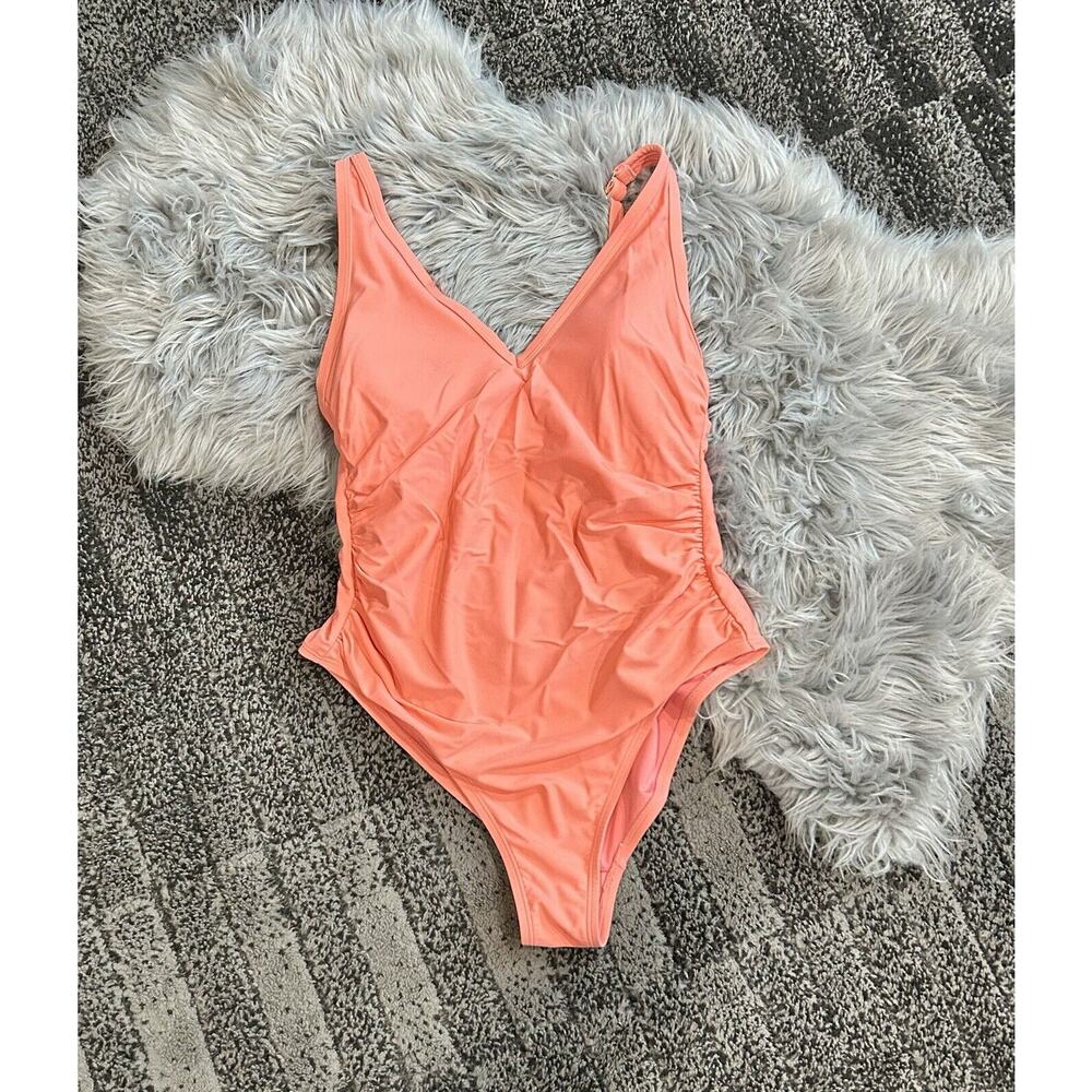 Kona Sol Women's 16w V-Neck Over the Shoulder High‎ Leg Peach Orange Swimsuit